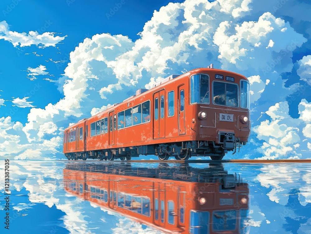 Train on the Sky Mirror, Reflecting Dreamlike Clouds and Blue Sky