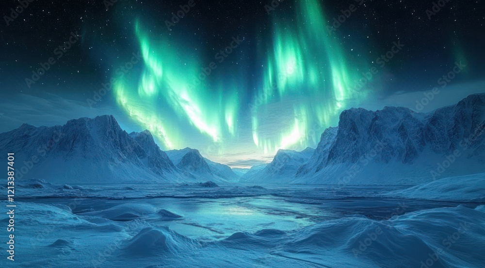 Fototapeta premium Arctic Landscape with Northern Lights and Snow-Covered Mountains Icebergs Tundra Night Sky