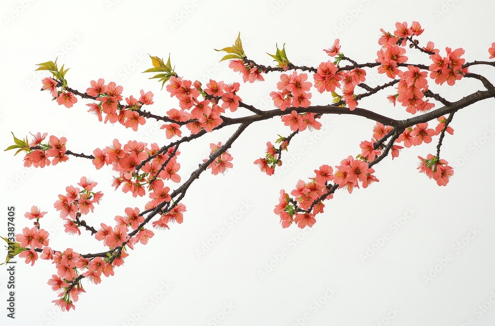 High-resolution image of a pink cherry blossom branch against a white background, with sharp focus and minimalistic design, in photorealistic HDR quality. High-resolution image of a pink cherry blossom branch against a white background, with sharp focus and minimalistic design, in photorealistic HDR quality.