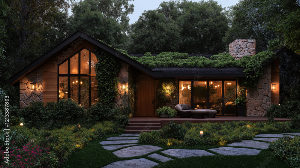 Cozy Cabin Retreat: A charming cabin nestled amidst lush greenery, illuminated by warm, inviting lights, inviting you to escape the everyday and unwind in serene tranquility. Cozy Cabin Retreat: A charming cabin nestled amidst lush greenery, illuminated by warm, inviting lights, inviting you to escape the everyday and unwind in serene tranquility.