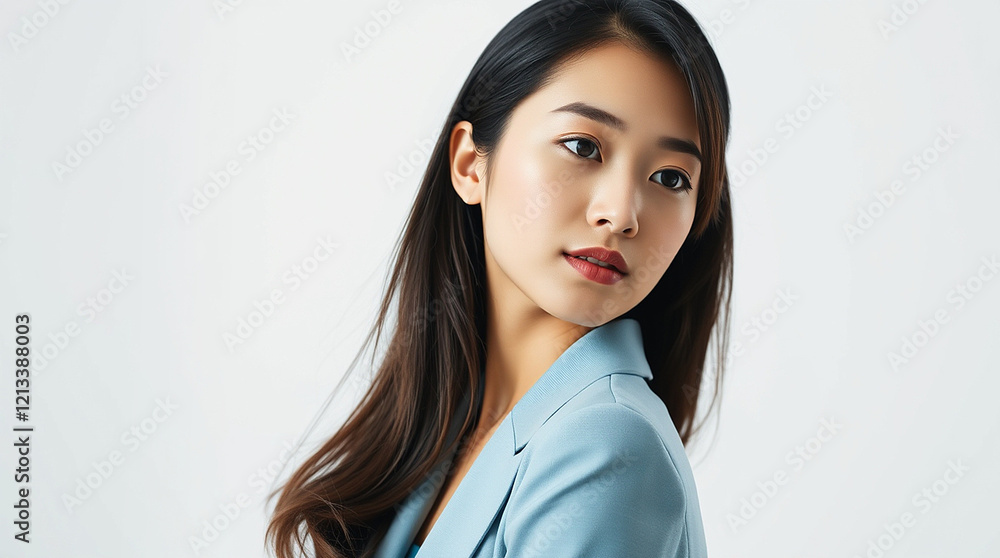 Portrait model of Japanese business woman wearing formal light blue suits smiling front camera on white background