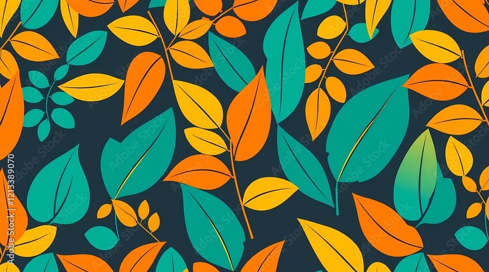 A bold seamless pattern of stylized leaves in a flat graphic style, using a color palette of bright teal, sunny yellow, and deep orange, showcasing a simple yet striking aesthetic, arr. A bold seamless pattern of stylized leaves in a flat graphic style, using a color palette of bright teal, sunny yellow, and deep orange, showcasing a simple yet striking aesthetic, arr.