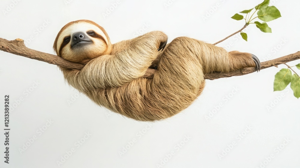 A fluffy brown sloth sleeps peacefully on a tree branch against a white background. A fluffy brown sloth sleeps peacefully on a tree branch against a white background.