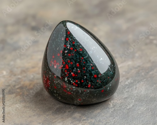 Dark green bloodstone cabochon with red speckles in realistic style photo