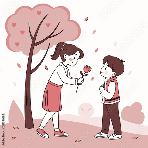 valentine day girl and boy have a rose in hand