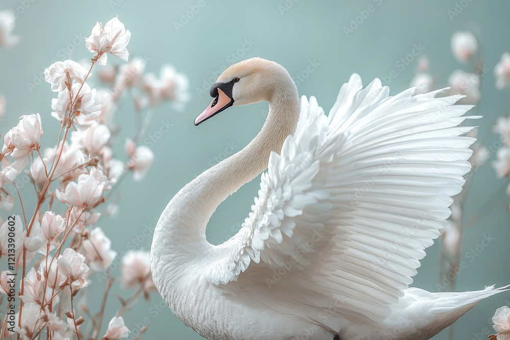 Obraz premium Elegant White Swan Displays Wings Amidst Blossoms