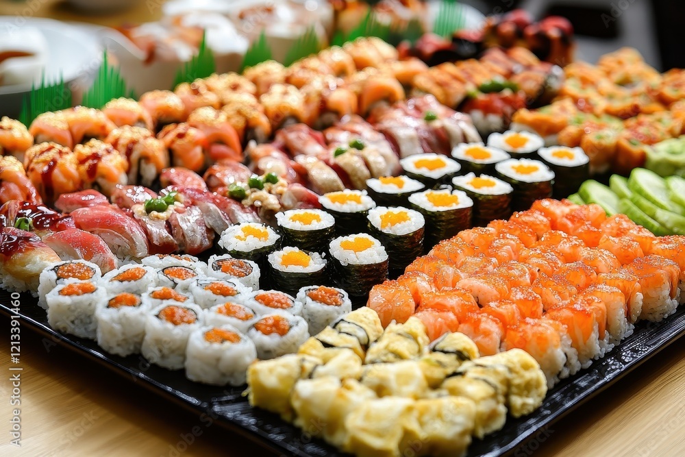 Large platter of assorted sushi, including maki, nigiri, and uramaki. Perfect for restaurant menus, food blogs, or articles about Japanese cuisine. Large platter of assorted sushi, including maki, nigiri, and uramaki. Perfect for restaurant menus, food blogs, or articles about Japanese cuisine.