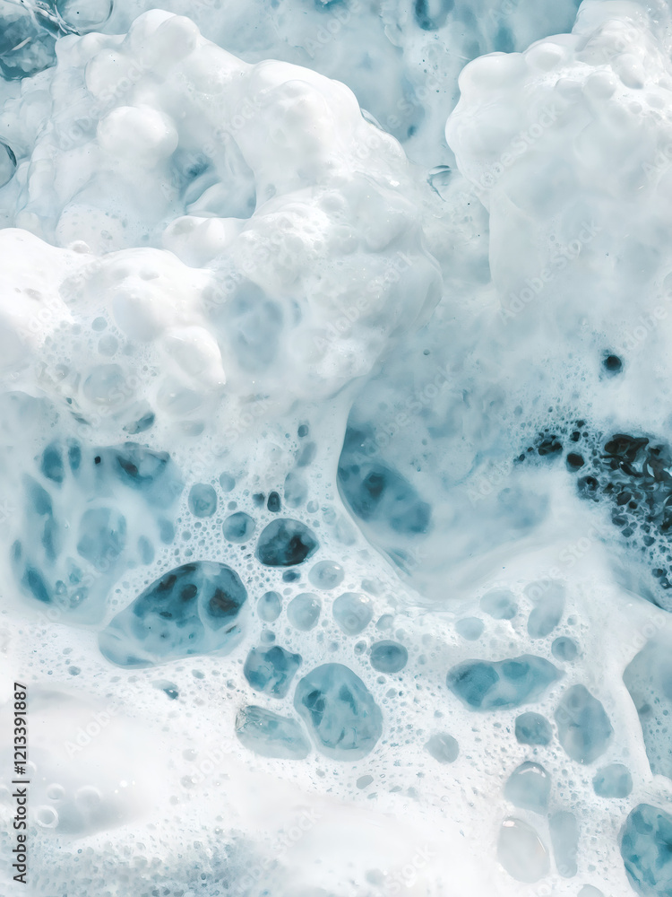 Naklejka premium A close-up view of what appears to be frothy water or foam. The foam is predominantly white with varying shades of blue, suggesting the presence of minerals or other elements in the water