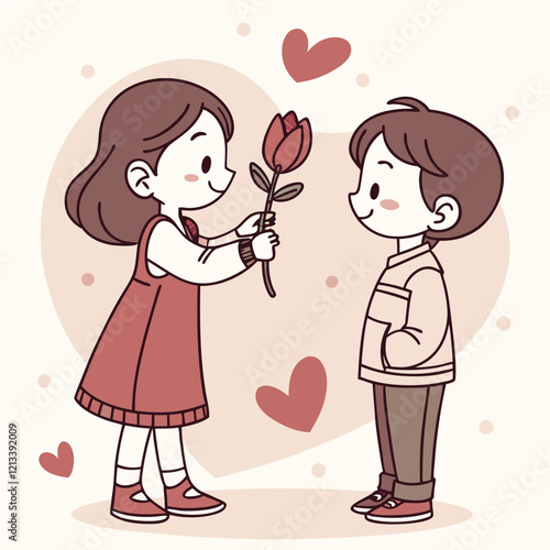 valentine day girl and boy have a rose in hand