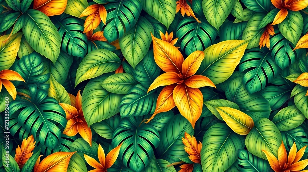 A detailed seamless pattern depicting highly realistic botanical illustrations of lush tropical foliage in vivid emerald green, deep jungle green, and sunny yellow hues, arranged in a . A detailed seamless pattern depicting highly realistic botanical illustrations of lush tropical foliage in vivid emerald green, deep jungle green, and sunny yellow hues, arranged in a .