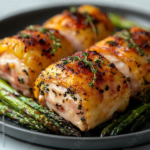 chicken cordon bleu plated with roasted asparagus and garnished with fresh thyme photo