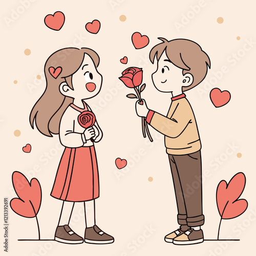 valentine day girl and boy have a rose in hand