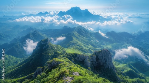 Majestic mountain range with peaks shrouded in clouds and lush green hills photo