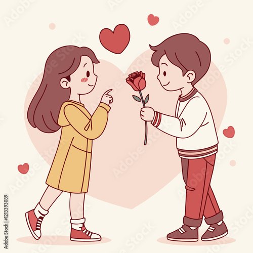 valentine day girl and boy have a rose in hand