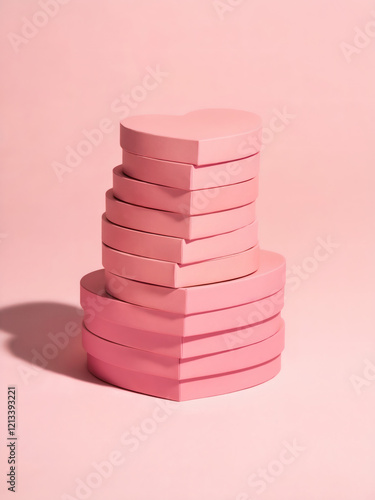 Valentine's Day, Pink heart-shaped boxes: A simple yet striking photo of pink heart-shaped boxes stacked neatly on top of one another against a soft pink background