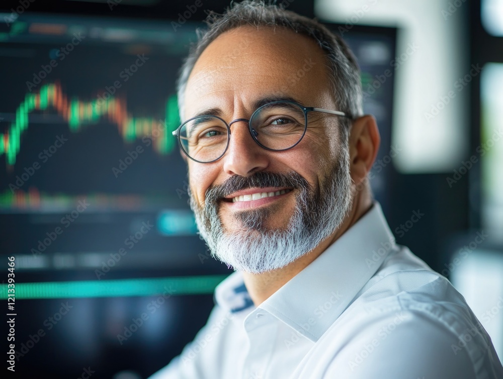 Fototapeta premium Businessman at Computer Screen, Smiling and Posing