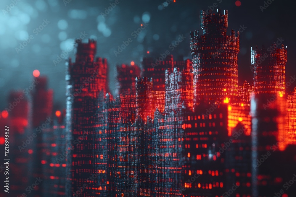 Fototapeta premium Glowing digital castle city, futuristic, abstract background, tech concept