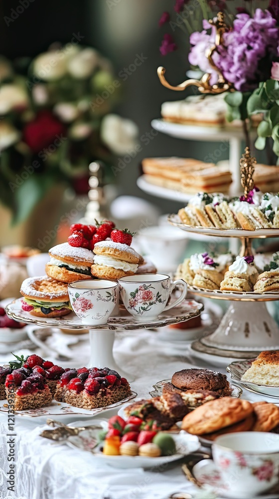 Elegant Afternoon Tea Party With Delicious Cakes And Pastries Elegant Afternoon Tea Party With Delicious Cakes And Pastries