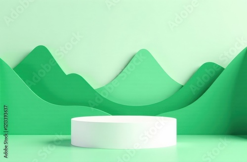 White cylinder podium on green nature mountains landscape.3d Paper cut abstract minimal geometric shape template background. photo