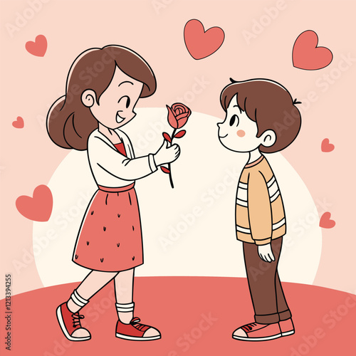 valentine day girl and boy have a rose in hand
