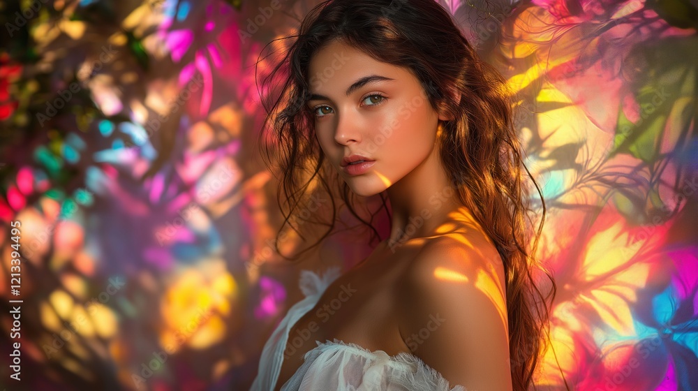 A woman illuminated by colorful light and shadows, creating a dreamy, artistic, and vibrant portrait. A woman illuminated by colorful light and shadows, creating a dreamy, artistic, and vibrant portrait.