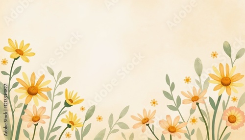 Yellow daisy flowers on soft beige watercolor background