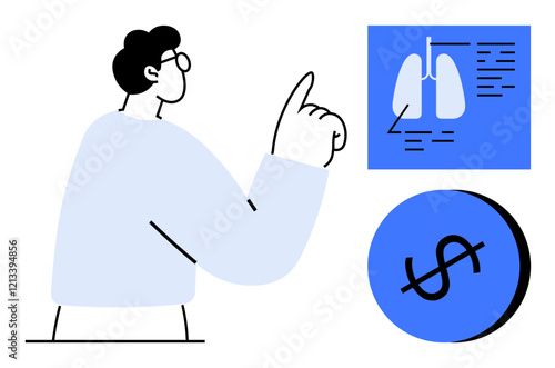 Person pointing towards lung diagram in blue square, dollar sign in circle nearby. Ideal for healthcare, financial planning, medical research, budgeting, insurance, cost analysis education. Abstract