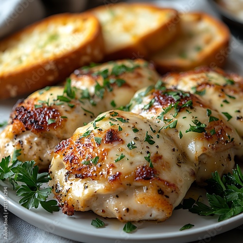 Chicken cordon bleu plated with a side of buttery garlic bread, garnished with parsley photo