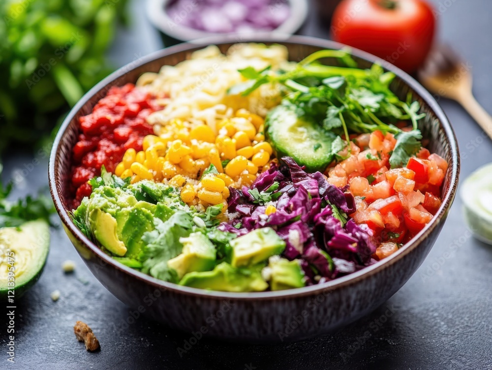 A vibrant vegetarian burrito bowl, in a trendy restaurant, showcasing a healthy and flavorful meal option A vibrant vegetarian burrito bowl, in a trendy restaurant, showcasing a healthy and flavorful meal option