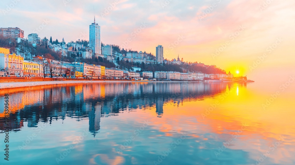 Fototapeta premium Coastal city sunrise, buildings reflected in calm water, travel postcard