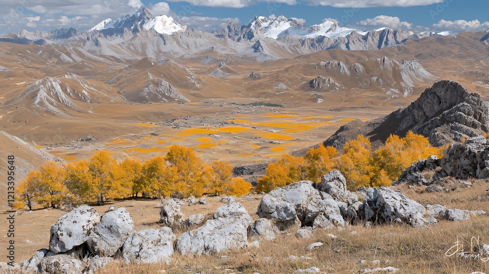 Fototapeta premium Autumnal Majesty: Panoramic View of Golden Trees and Snow-Capped Mountains