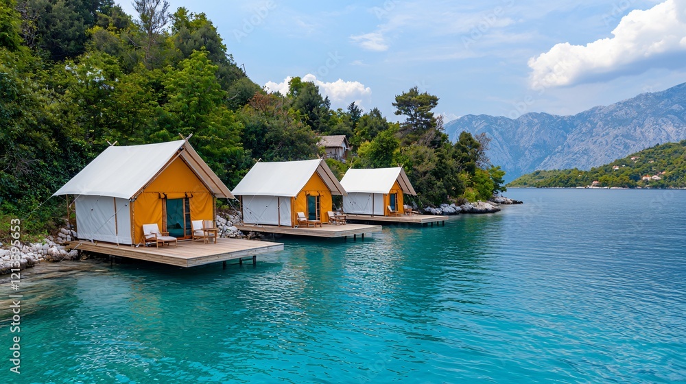 Fototapeta premium Coastal Glamping Three luxury tents on tranquil bay. Travel brochure use