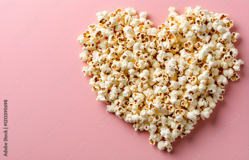 Popcorn Lover Day concept. Heart-shaped popcorn arrangement on a pink background, symbolizing love and fun. Popcorn Lover Day concept. Heart-shaped popcorn arrangement on a pink background, symbolizing love and fun.
