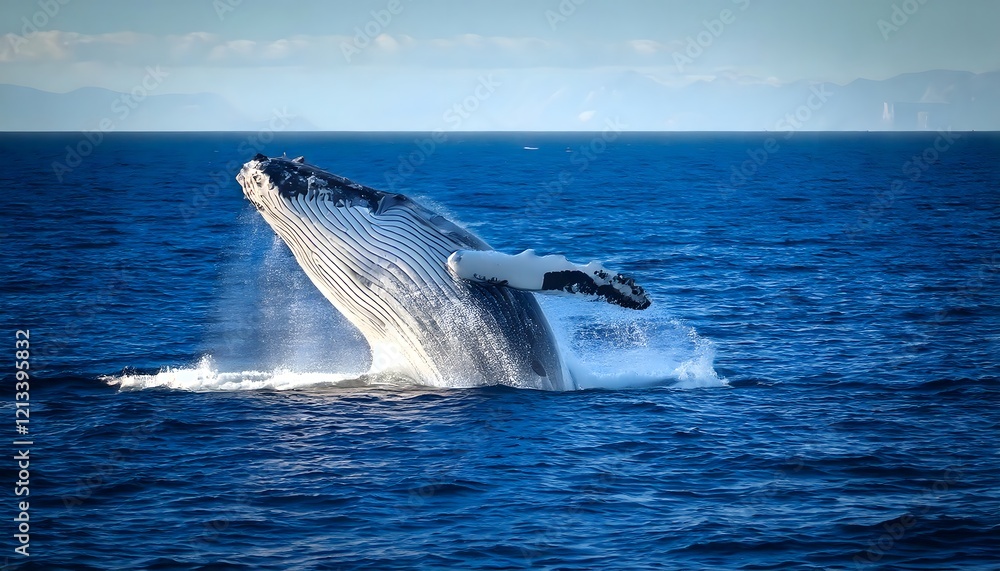 Fototapeta premium Powerful Humpback Whale Jumping Out of the Blue Sea