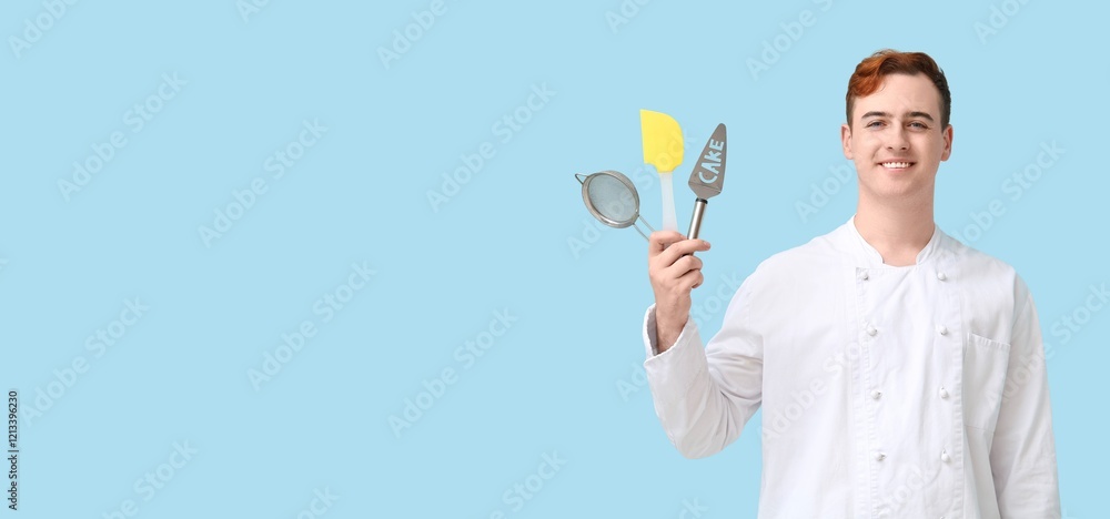 Male confectioner in uniform and with kitchen utensils on blue background with space for text Male confectioner in uniform and with kitchen utensils on blue background with space for text
