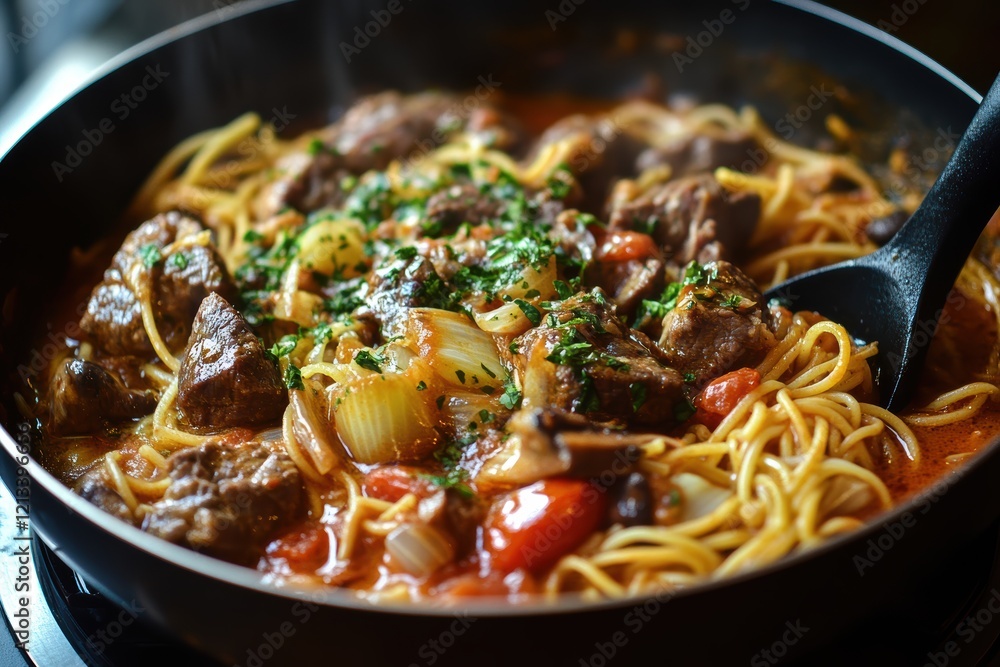 Fried chicken and vegetables with noodles on a plate, fresh and healthy food cooked in a wok Fried chicken and vegetables with noodles on a plate, fresh and healthy food cooked in a wok