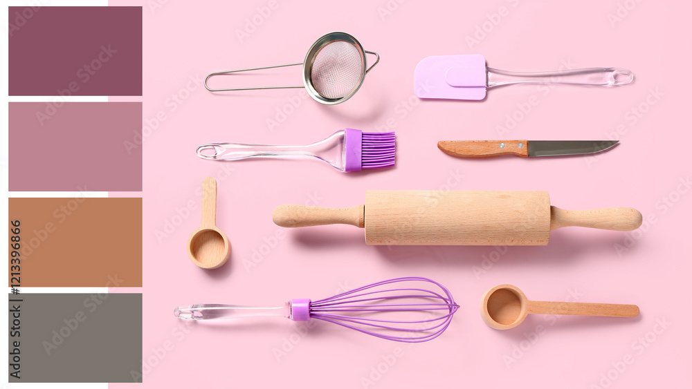 Baking utensils on pink background Baking utensils on pink background