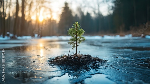 Young Pine Tree Growing From Frozen Ground photo