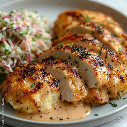 Chicken cordon bleu plated with a side of creamy coleslaw photo