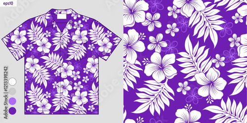 Seamless purple hibiscus floral pattern on Hawaiian shirt mockup, inspired Aloha summer fashion, elegant tropical vector design for beachwear, summer clothing, and casual wear, not AI-generated