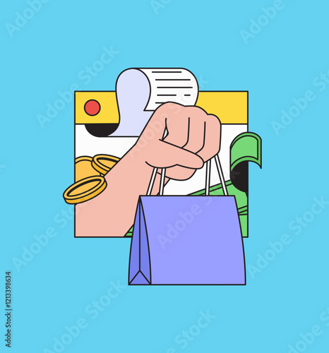 Shopping hand illustration with money and coin showcasing modern shopping online website