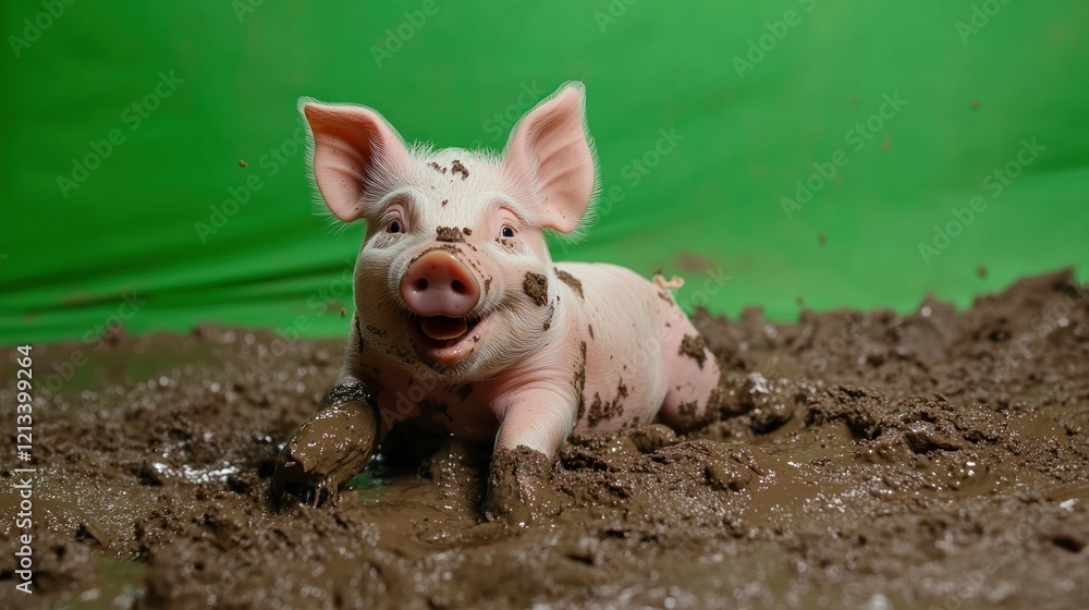 A cute piglet enjoying a mud bath, splashing and having fun in the muck on a green background A cute piglet enjoying a mud bath, splashing and having fun in the muck on a green background