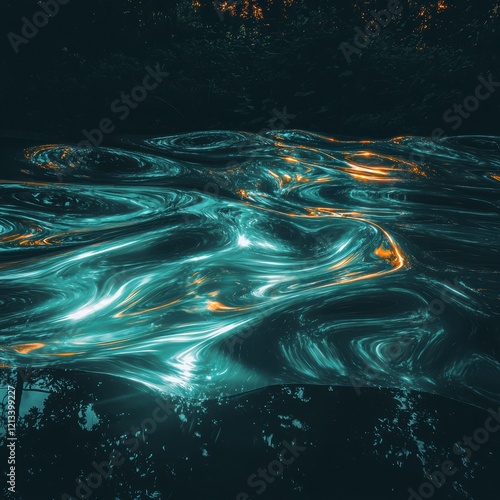 Abstract Teal and Gold Water Swirls  Liquid Texture  Nature Background  Glowing River  Nig photo