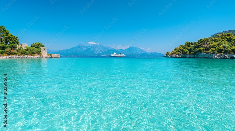 Fototapeta premium Turquoise bay, cruise ship, mountains, clear water, summer vacation