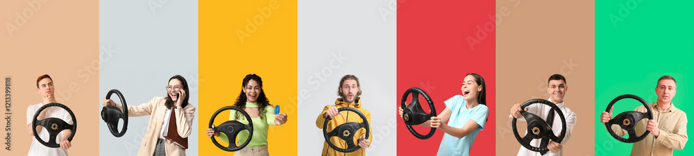 Set of many people with steering wheels on color background Set of many people with steering wheels on color background