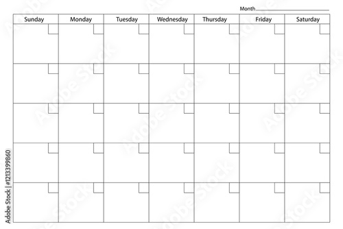 Monthly calendar layout. Blank grid template. Simple weekly vector. Minimal black and white.
