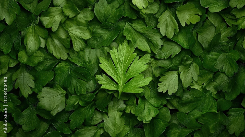Green Parsley Texture: A lush, vibrant texture of fresh parsley leaves, each leaf showcasing intricate details and shades of green, creating a natural, organic backdrop. Green Parsley Texture: A lush, vibrant texture of fresh parsley leaves, each leaf showcasing intricate details and shades of green, creating a natural, organic backdrop.