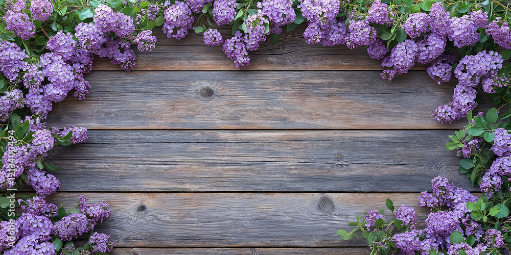 Fototapeta premium Blooming lilac flowers framing rustic wooden background nature photography serene outdoor setting captured from above floral aesthetic
