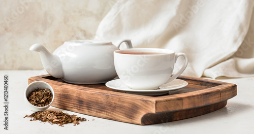 Wooden board with cup of tasty hojicha green tea and pot on table photo