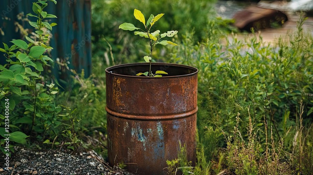 Young Plant Growing In Rusty Metal Barrel Young Plant Growing In Rusty Metal Barrel